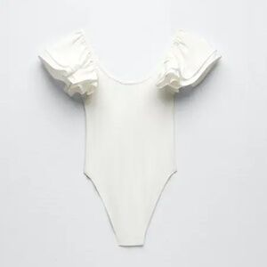Zara S | White Ribbed Bodysuit with Double Ruffle Sleeves